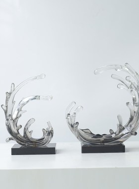 现代简约透明艺术雕塑蓝色浪花太湖石摆件酒店大堂玄关招财装饰品