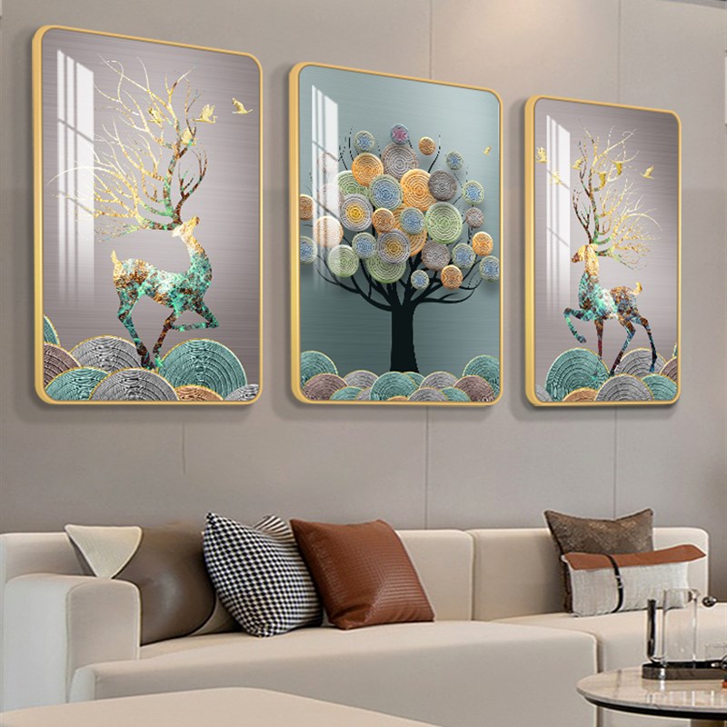 客厅沙发背景墙装饰画新款麋鹿壁画现代简约卧室床头挂画晶瓷墙画图片