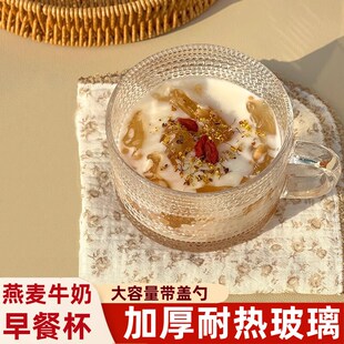 玻璃早餐杯带盖勺高颜值r耐高温可微波炉加热冲泡牛奶燕麦杯家用