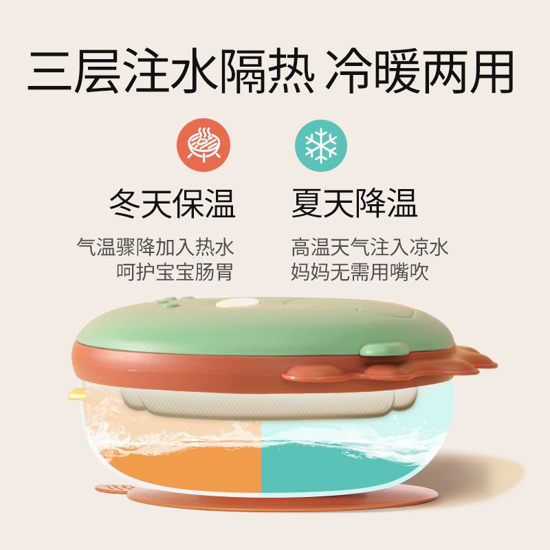 儿童注水保温碗316不锈钢恐龙儿童餐盘吸盘式不打翻婴儿辅食餐具