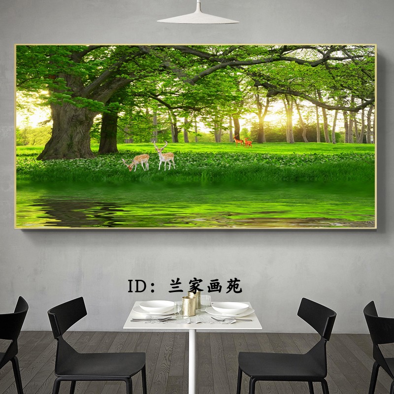 客厅沙发电视墙壁画风景树装饰画绿色大树晶瓷画花鸟森林麋鹿挂画图片