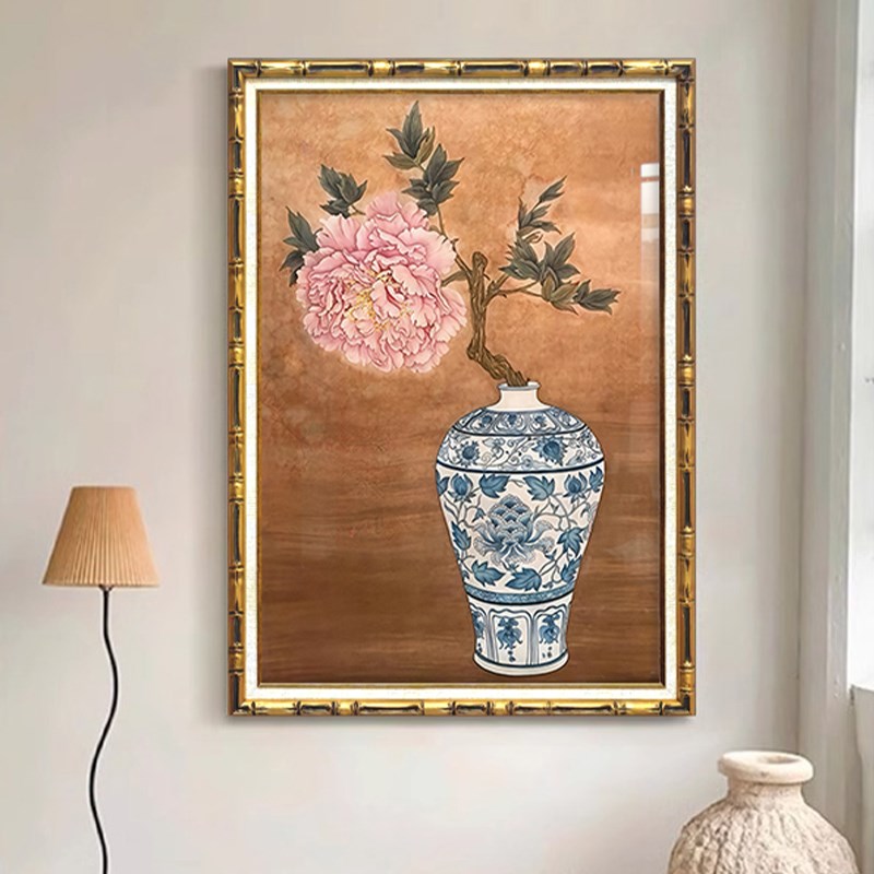 法式中国风客厅装饰画中式宋代美学青花瓷装饰画挂画牡丹花玄关壁图片