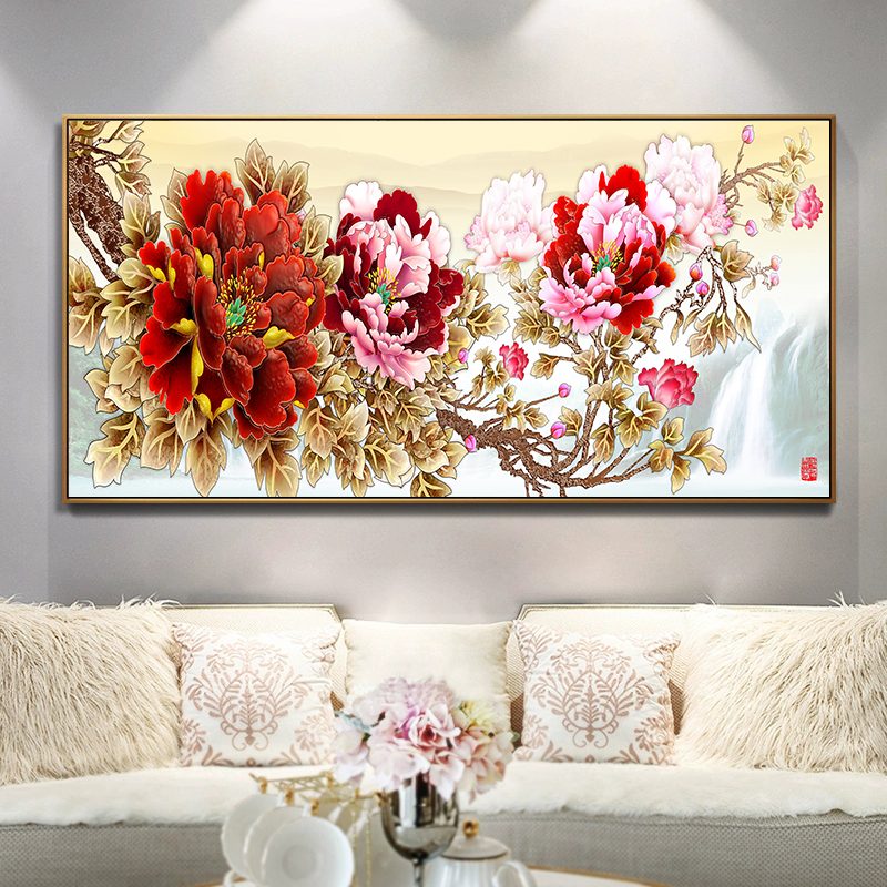 沙发背景墙面装饰画客厅壁画现代大气挂画简约新中式花开富贵牡丹图片