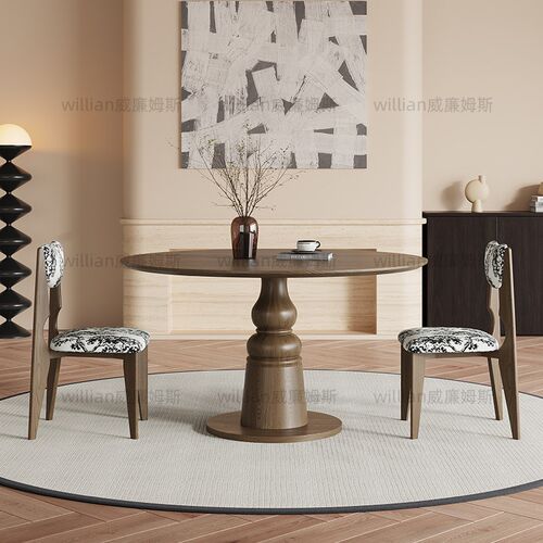 侘寂中古风实木圆桌小户型咖啡厅圆形G饭桌法式现代简约高档洽谈