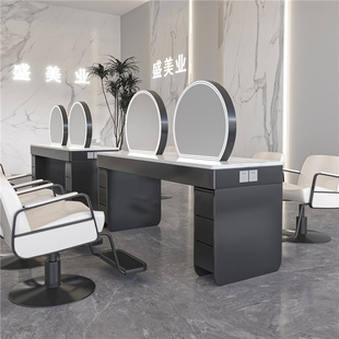 网红美发店烫染镜台发廊专用不锈钢带柜美发镜理发店带灯双面镜子