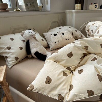 韩系卡通可爱咖色熊四件套全棉纯棉2024年新款一米五床少女心被套