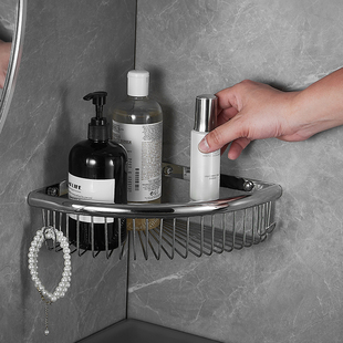 浴室置物架全铜卫生间壁挂三角形架子厕所单层转角收纳网篮带挂钩