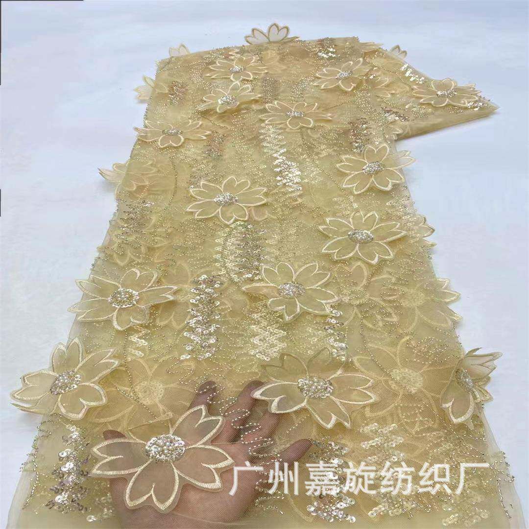 新品雪纺立体绣网纱料珠片珠管刺绣无面弹涤纶网纱蕾丝9JX4093布J