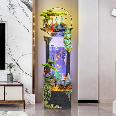 孔雀鱼缸落招财客电视柜旁装饰假山流厅水加BNO湿器办茶室地公摆