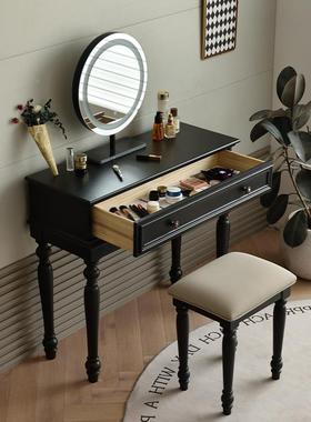 A体3美式复古实木梳妆台小化型卧室黑色妆ZMM桌L法式收纳一柜感