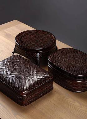 复古竹编提篮收单收层日式两1ZY65290色食竹编纳篮茶具纳盒竹编带