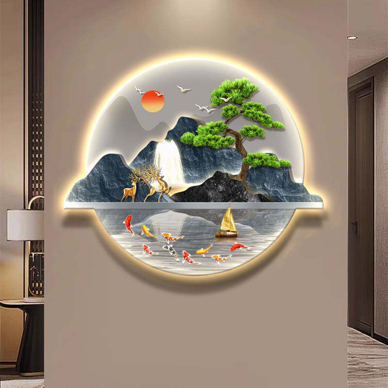 新中式玄关装饰画LED发光入户画正对门挂画山水客厅壁画灯画