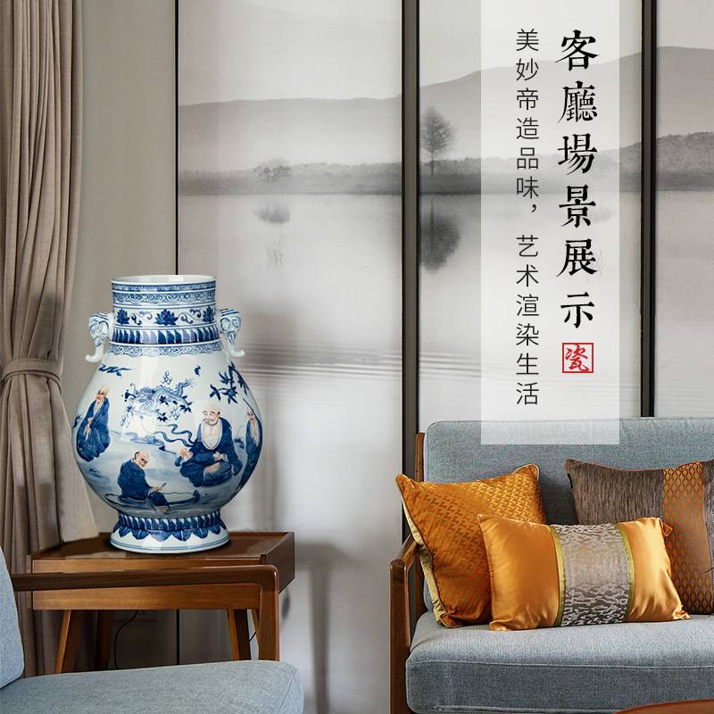 中式收藏品手绘青花十八罗汉象鼻双耳尊景德镇仿古青花福桶装饰品