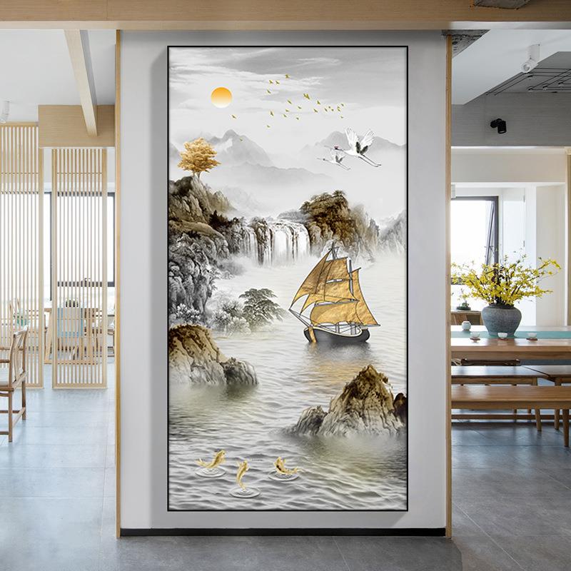 新中式户玄入关装饰竖版中山014水挂画国风招财走廊过道画尽头墙