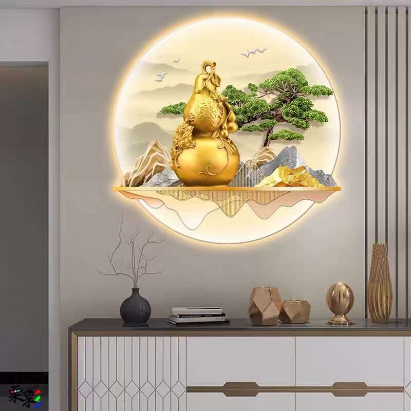 五福临门葫芦入户玄关装饰画山水挂画带led灯新中式客厅进门发光