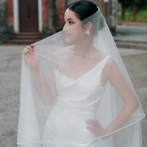 新娘头纱手工缝珠透明珠+珍珠单层自由造型旅拍照道具