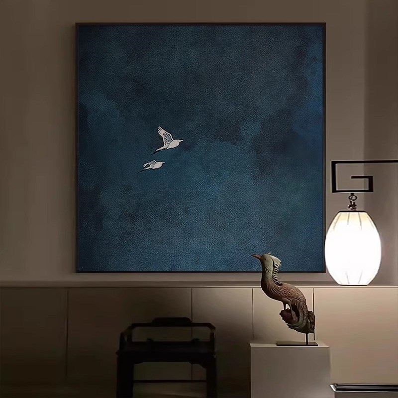 新中式极简蓝色玄关装饰画客厅背景墙方形挂画酒店民宿高级感壁画图片