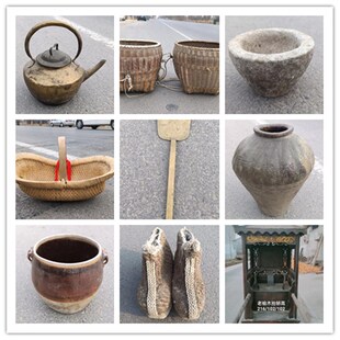 民俗老物件收藏怀旧杂项木叉脸盆收音机箩筐码头等古董老东西摆件