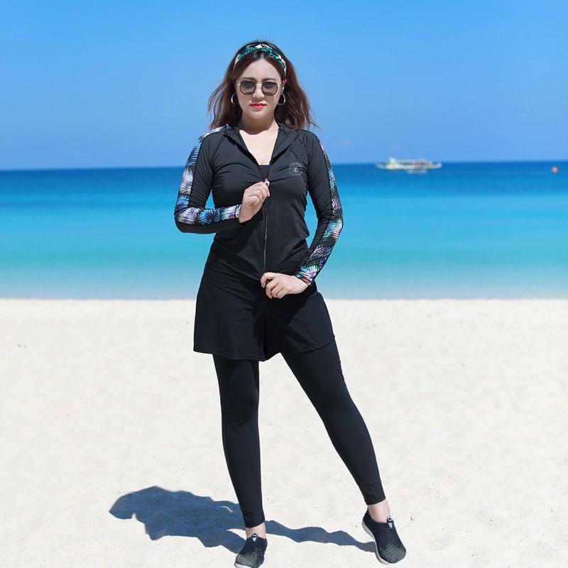 大码分体泳衣女长袖长裤潜水服五件套冲浪服水母衣游泳装2024新款