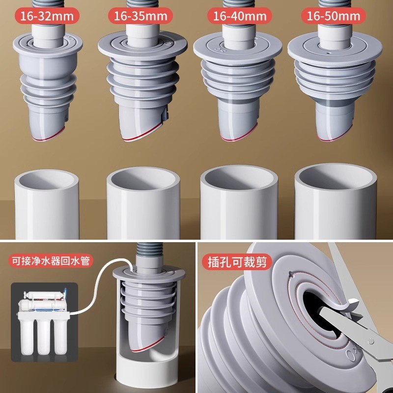 下水管道溢水防臭密封圈硅胶塞洗衣机洗手盆排水管堵口防返臭神器