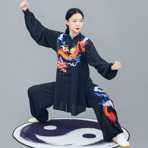马蕾太极夏季薄款l中长款太极表演服透气八锦缎气功服刺绣蛟龙出