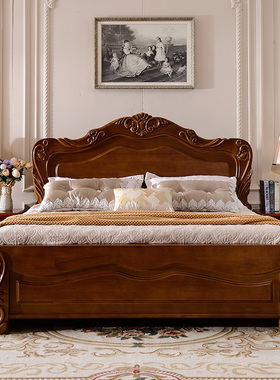 欧式白色实木床1.8米双人床美式简约现代高箱雕花主卧公主床婚床
