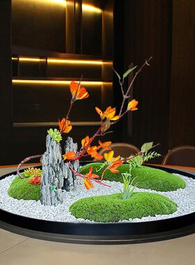酒店餐桌转盘中间装饰摆件大圆桌国风建筑造景微景观圆形摆台花艺