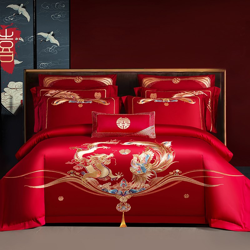 全棉纯棉婚庆四件套大红色喜被子结婚六件套被套刺绣婚房床上用品