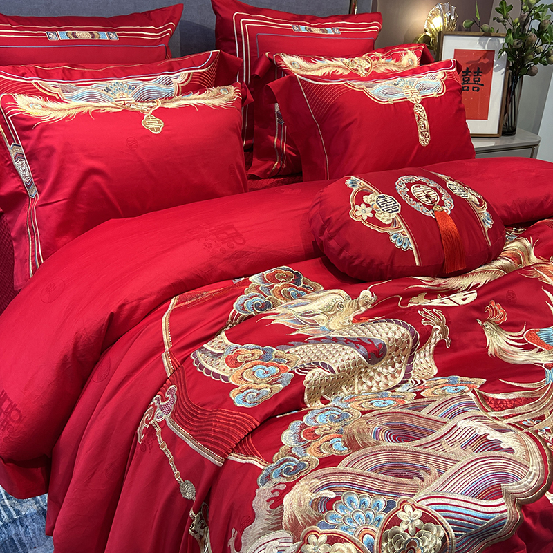 高端140支匹马棉四件套100全棉婚庆龙凤刺绣被套纯棉中式新婚床品