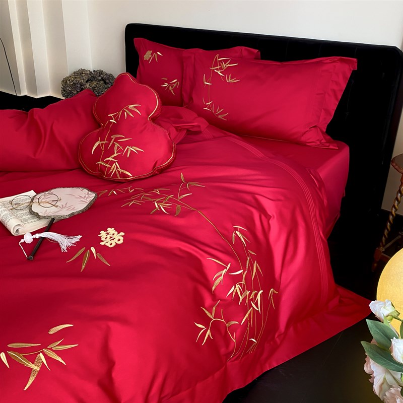 简约新婚庆长绒棉全棉结婚四件套竹子刺绣大红色被套床上用品