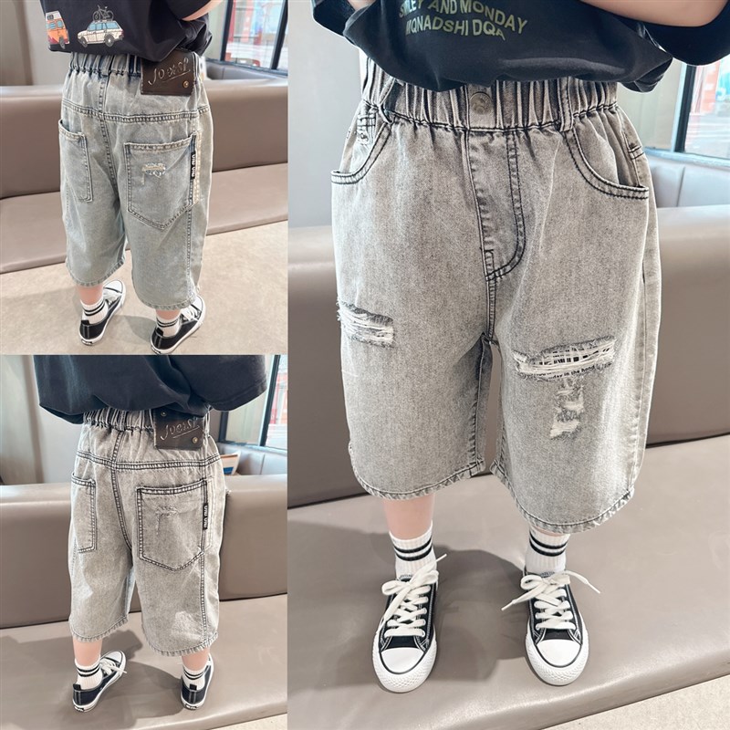洋气破洞~男童软绵绵薄款牛仔中裤2025夏季儿童宽松直筒裤五分裤