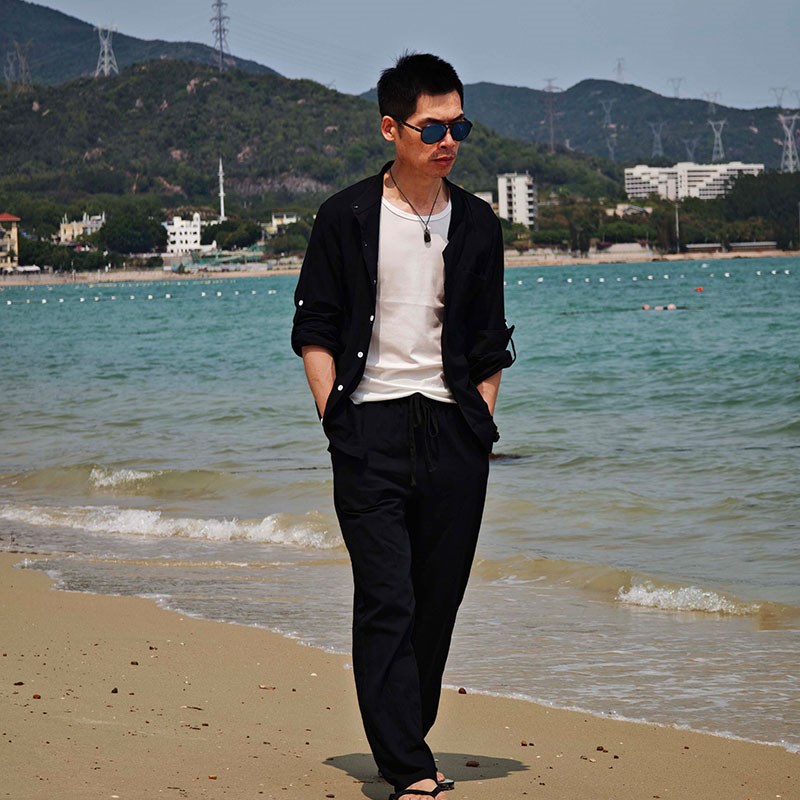 法式男士衬衫套装时尚休闲宽松版亚麻裤长袖轻熟帅气质两件套衬衣