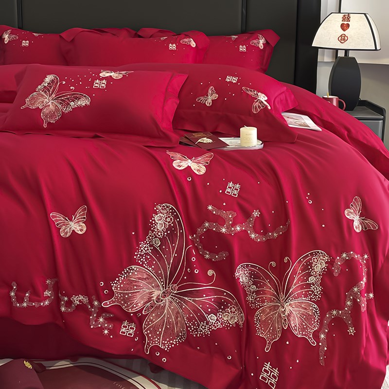 高级感A类刺绣婚庆四件套红色陪嫁被套床单喜被结婚床上用品4