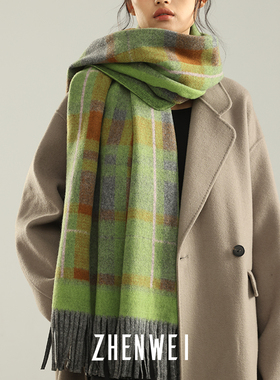 绿色围巾披肩两用格子围巾冬季女高级感大围巾男围脖加大加厚保暖