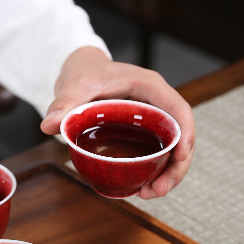 大号柴烧郎红釉功夫茶杯家用红色陶瓷品茗杯主人杯窑变斗笠茶杯