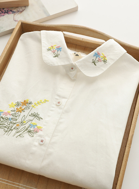 2025春装新品小l清新白色长袖衬衫女纯棉宽松文艺刺绣小花百搭衬