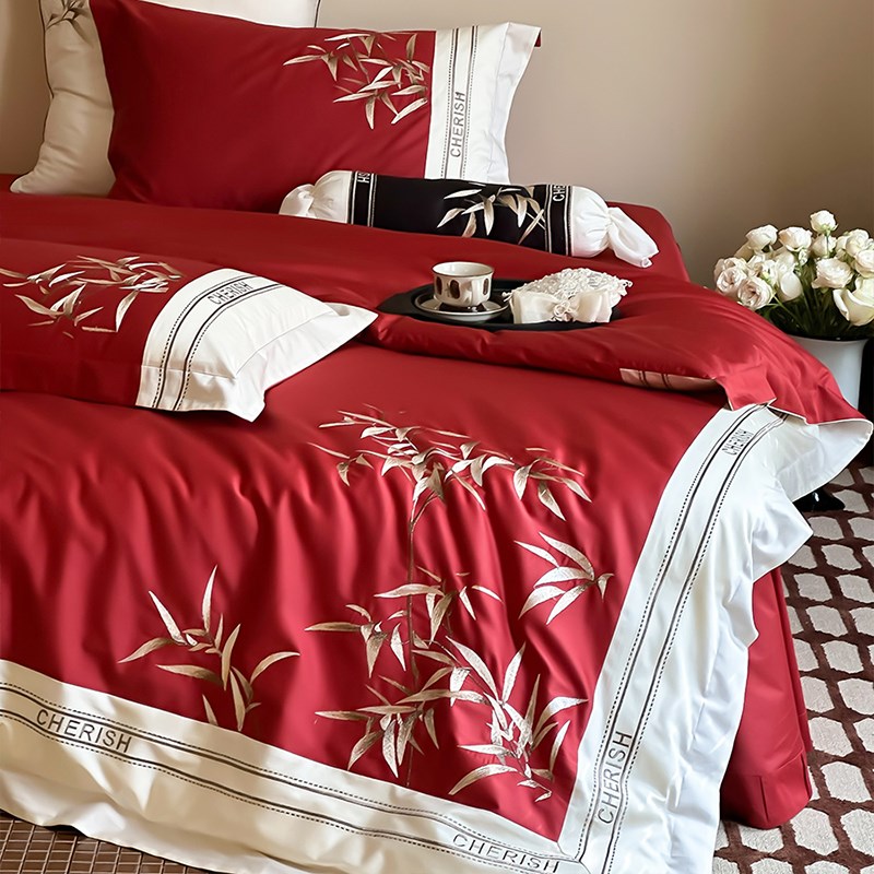 新中式国潮风竹子四件套结婚长绒棉婚庆全棉被套床单床上用品