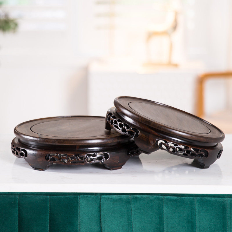 黑檀木实木圆形底座花瓶花盆鱼缸奇石摆件茶壶红木木制工艺品托架