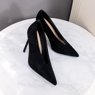 女细跟女巫鞋 欧美浅口高跟鞋 2024年s新款 V口尖头单鞋 不累脚奶奶鞋