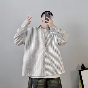 PGUP秋季新品袖子拼接条u纹长袖衬衫男细条纹基础款宽松百搭衬衣
