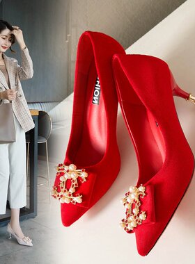 红色婚鞋高跟鞋女中跟5CM水钻浅口尖头绒面工作职业单鞋猫跟细跟4