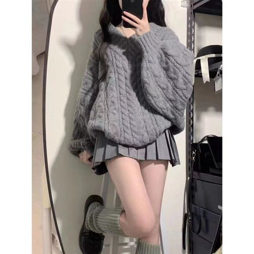 秋冬装搭配一整套高级感炸v街小个子甜辣慵懒风毛衣百褶裙两件套
