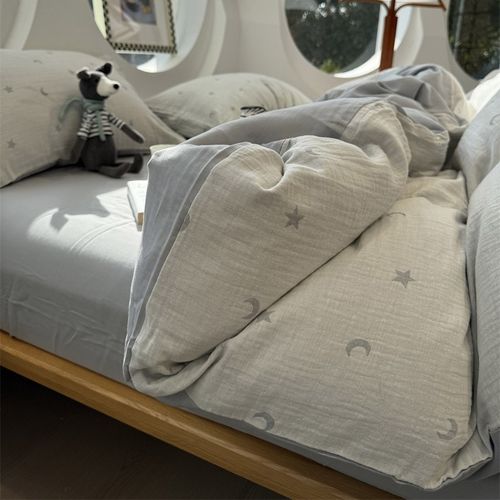 法式少女心皱皱双层纱星空灰四件套全棉1.5m1.8米床单被套三件套