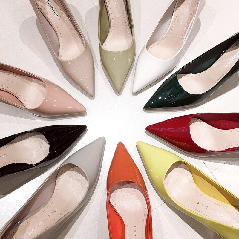 小清新少女高跟鞋2021年新款尖头细跟糖果色漆皮单鞋OL软皮工作鞋