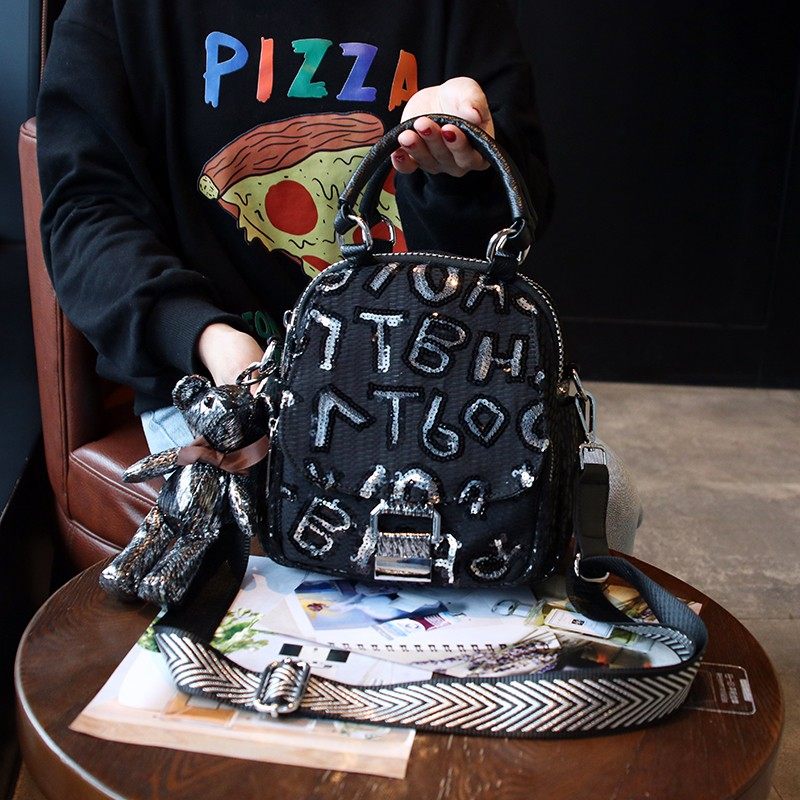 字母双肩包女包2021新款时尚亮片三用包洋气背包单肩斜跨多用包潮