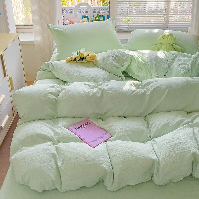 纯色水洗棉四件套床上用品单单被套双人素色单人床三件套清新亲肤