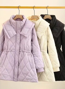 胖mm冬装别致棉服大码泡泡格设计感200斤收腰中T长款海军领棉袄女