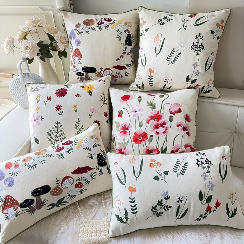 蘑菇森林花卉重工刺绣抱枕客厅沙发靠垫腰枕靠背美式小清新抱枕套