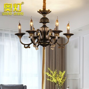 奥灯欧式 古典全铜蜡烛吊灯卧室书房灯黑擦金6头简约餐厅灯具H037