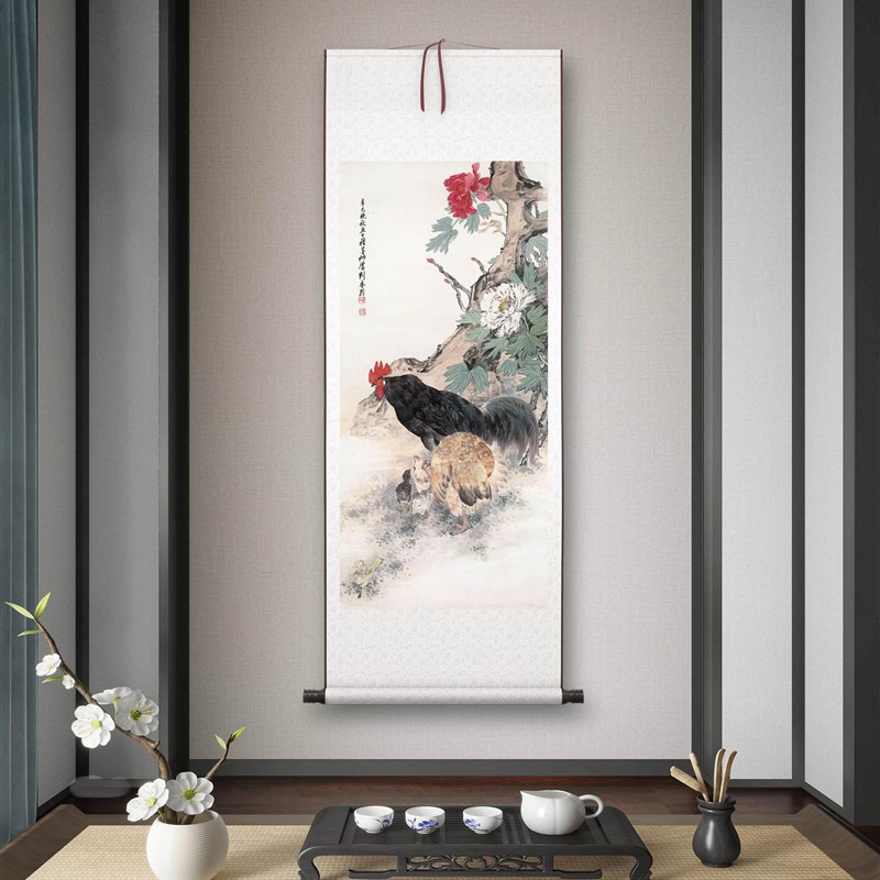 刘奎龄《鸡鸣富贵》客厅书房茶室装饰画挂画玄关水墨高清卷轴字画图片